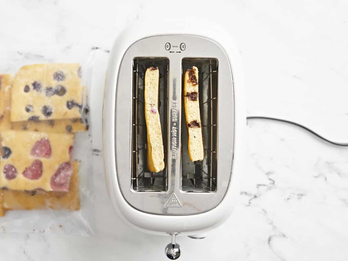 Frozen sheet pan pancakes in a toaster.