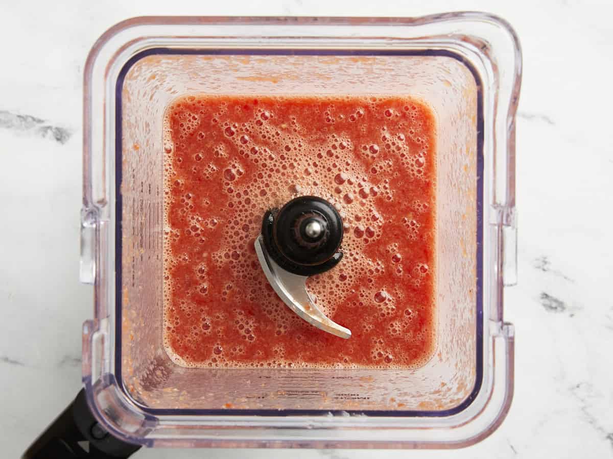 blended watermelon gazpacho in a blender.