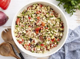 overhead view of barley salad in a bowl.