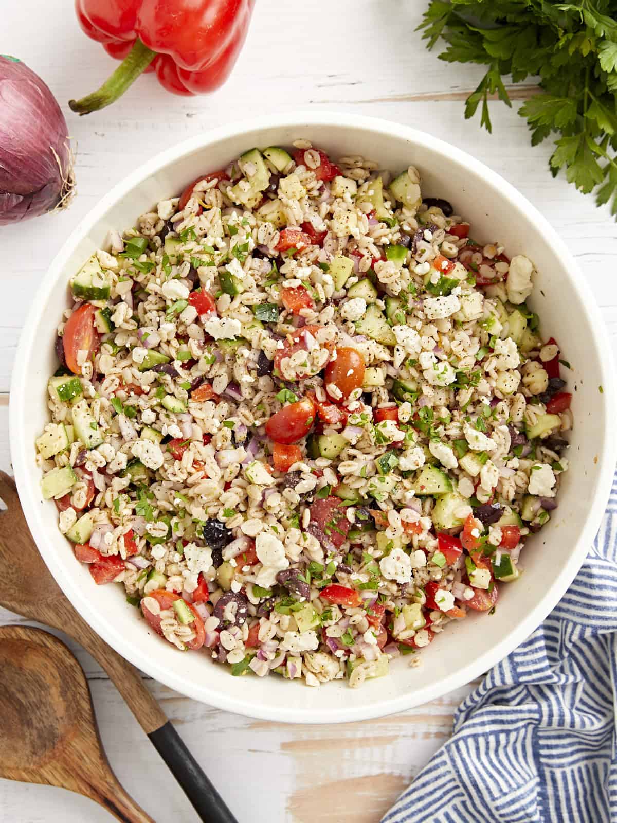 overhead view of barley salad in a bowl.