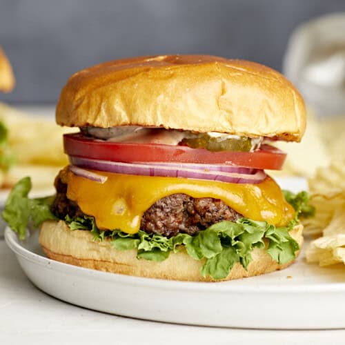 Front close up view of a homemade hamburger dressed with toppings.