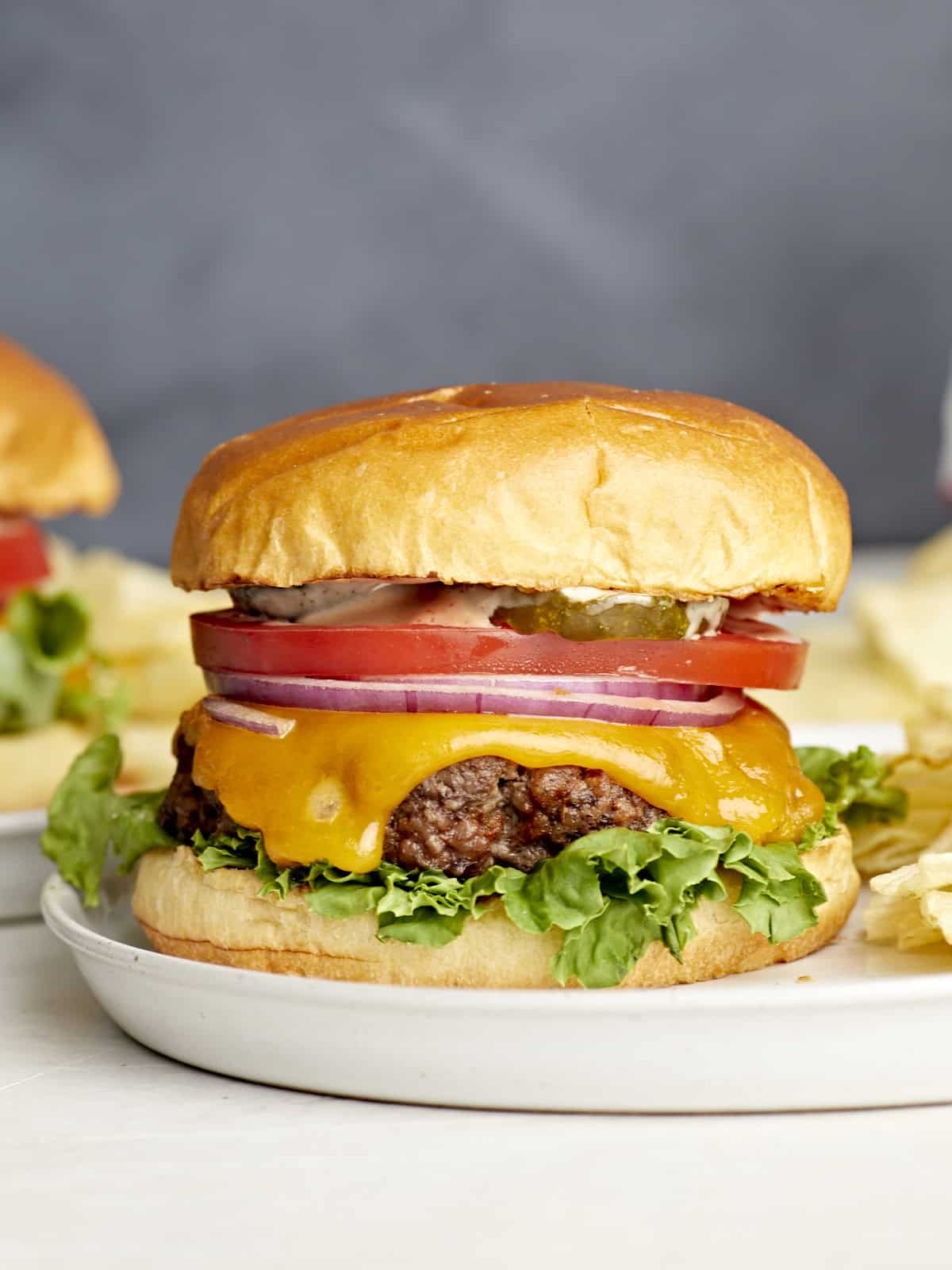 Front close up view of a homemade hamburger dressed with toppings.