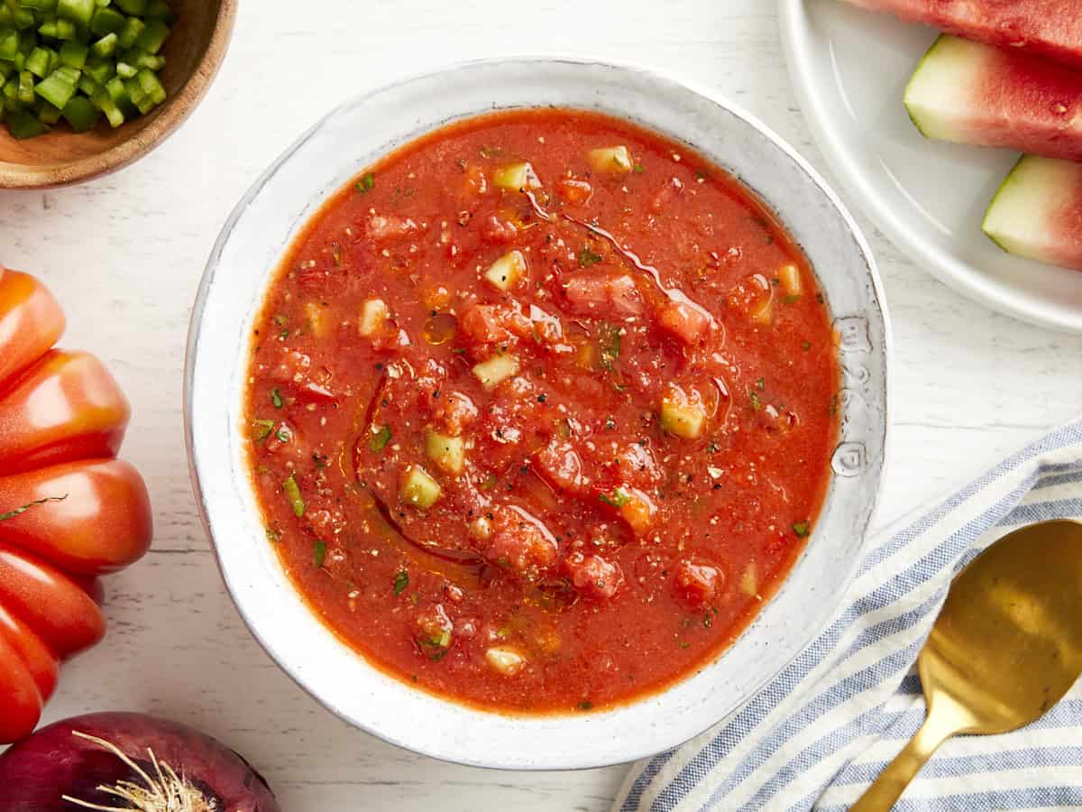 overhead view of a bowl of chunky watermelon gazpacho.