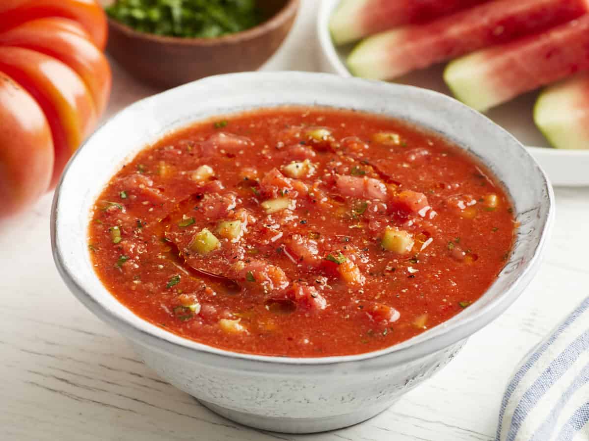 a bowl of chunky watermelon gazpacho.