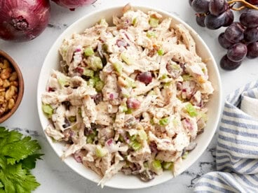 Overhead view of chicken salad in a bowl.