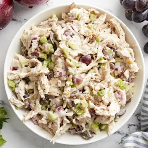 Overhead view of chicken salad in a bowl.