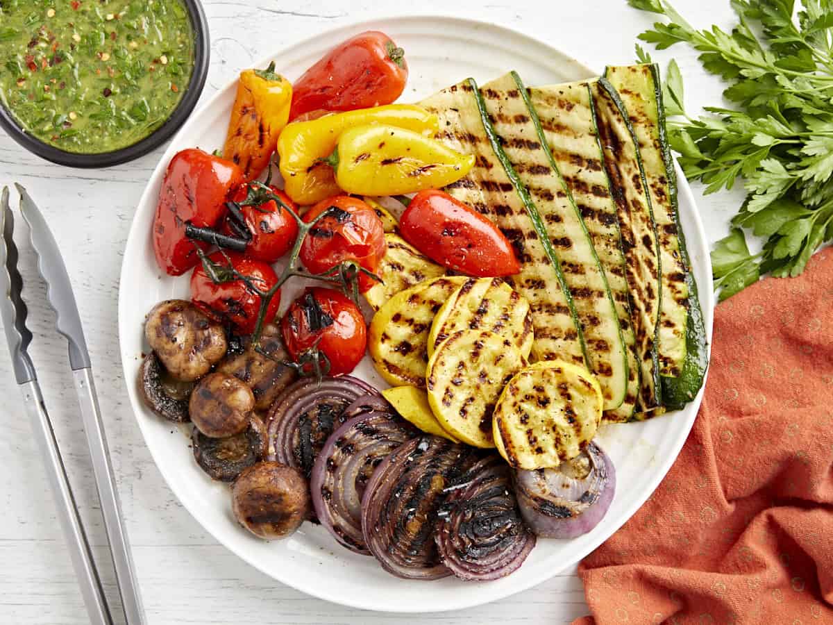 Overhead view of a plate of grilled vegetables.