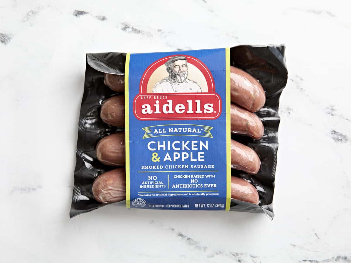 Aidells chicken sausage on a marble counter.