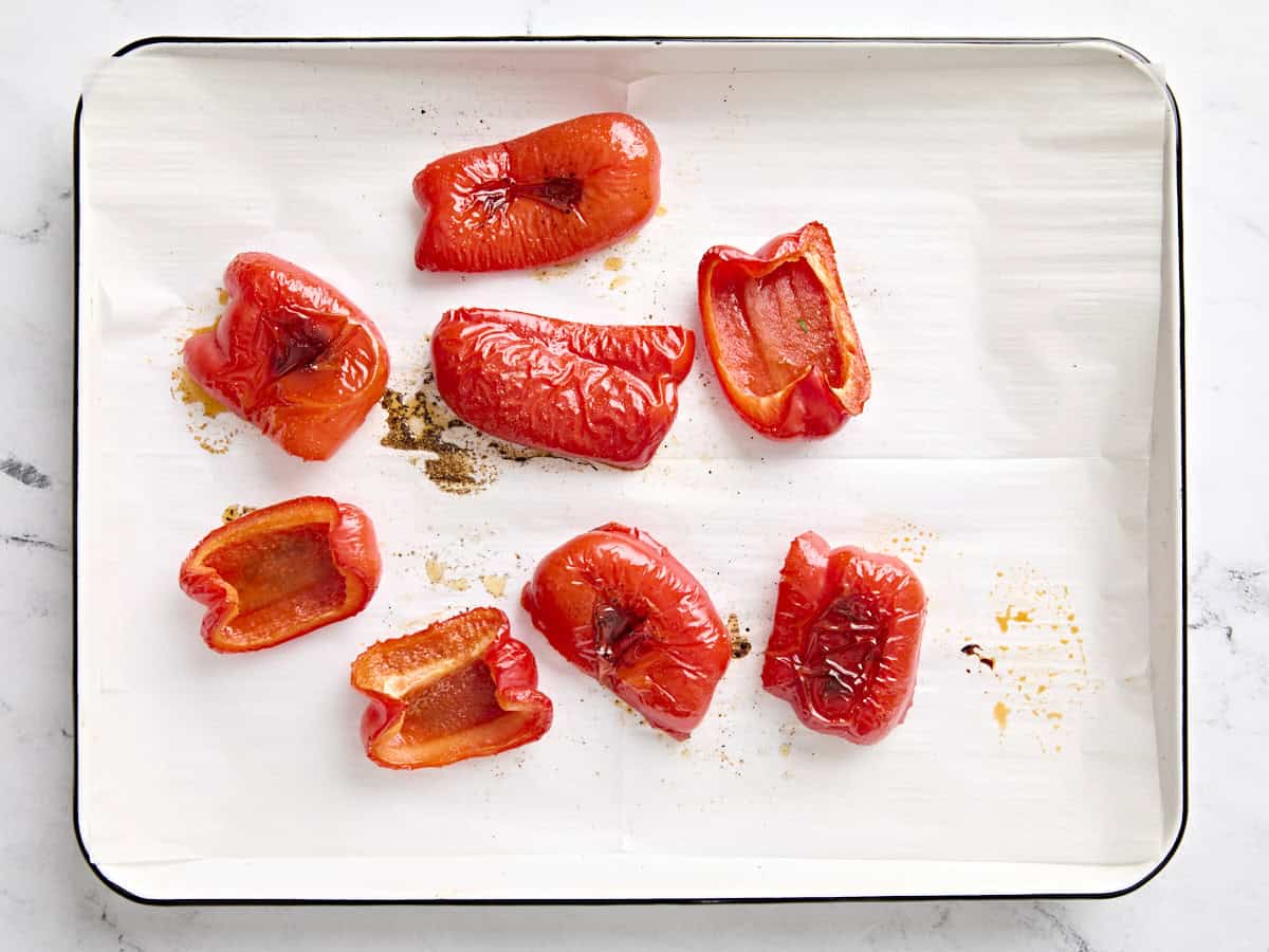 Roasted red bell pepper quarters for cauliflower tacos with romesco sauce