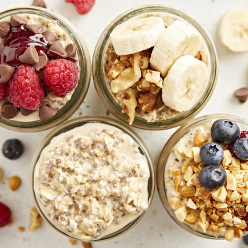 Overhead view of overnight oats with various toppings