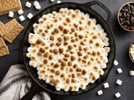 Close up of s'mores dip in a skillet