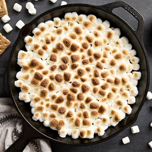 Close up of s'mores dip in a skillet