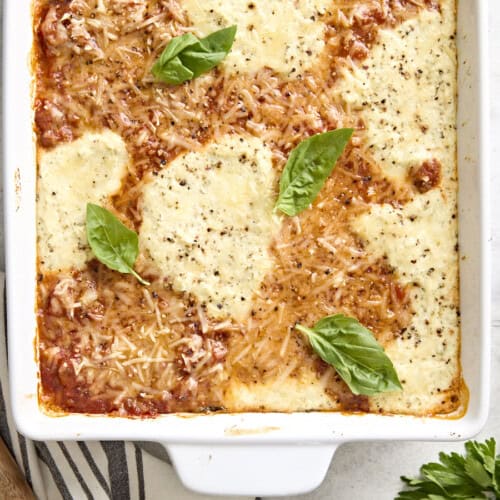 Overhead view of zucchini lasagna in a baking dish