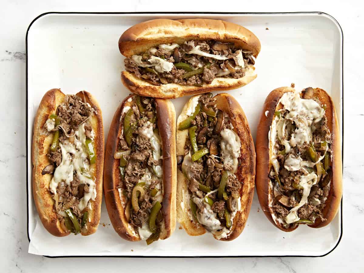 Finished philly cheesesteak sandwiches.