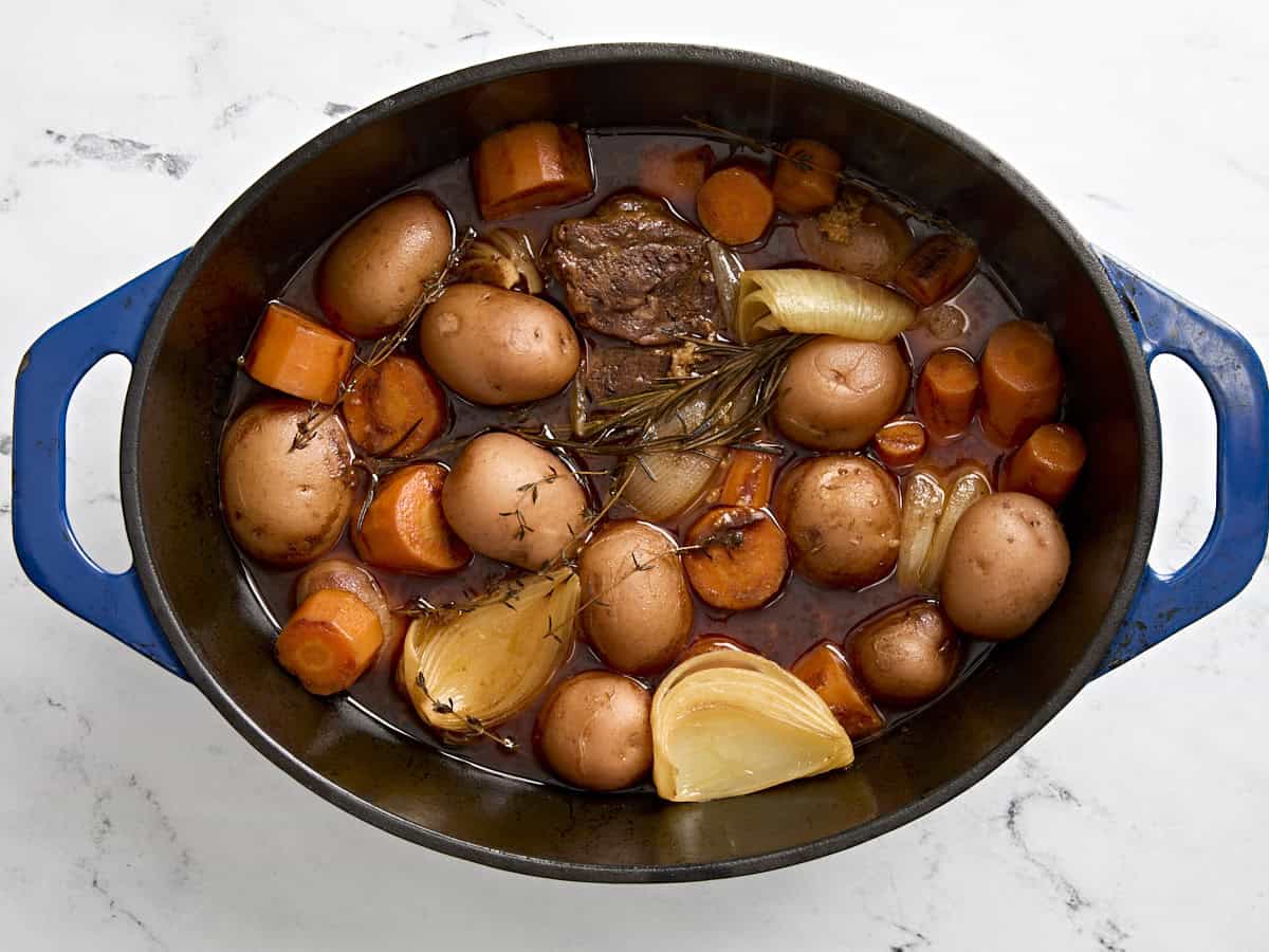 Finished pot roast in a dutch oven.