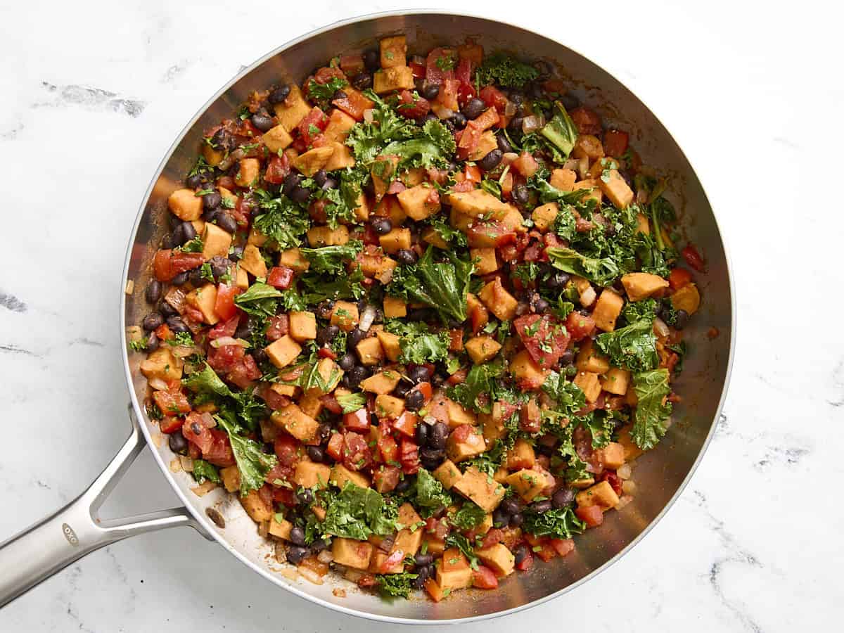 Overhead view of cooked sweet potato and black bean skillet.