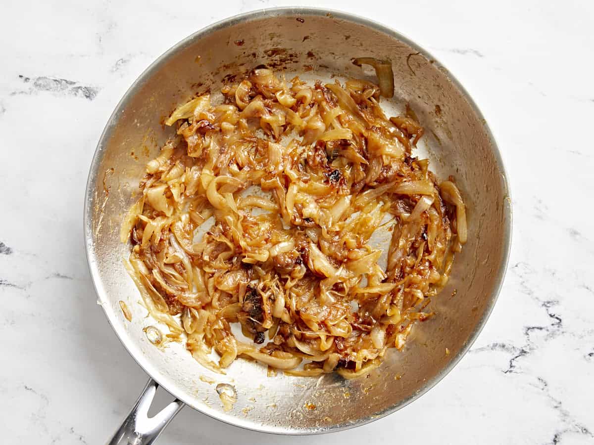 Finished caramelized onions in a pan.