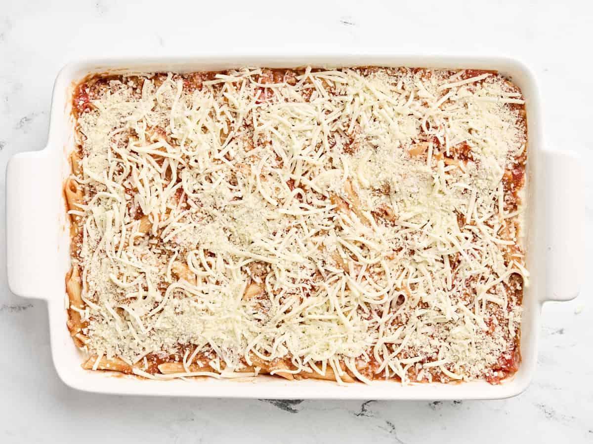 mozzarella and grated parmesan cheese added on top of mostaccioli pasta.