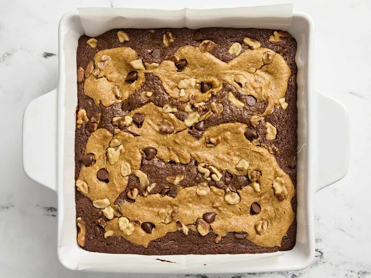 Freshly baked pumpkin brownies in a baking dish.