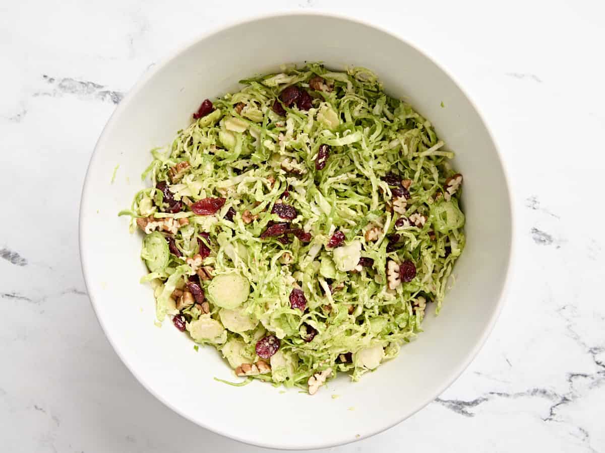 Shaved Brussels sprouts salad in a bowl.