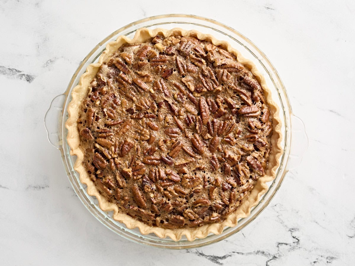 Overhead view of a freshly baked pecan pie.