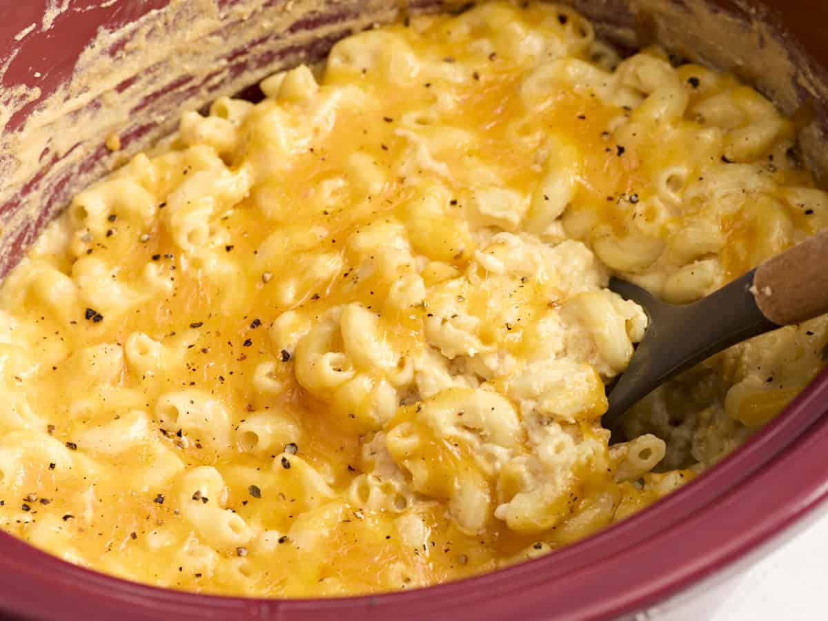 Overhead side view of crockpot mac and cheese.