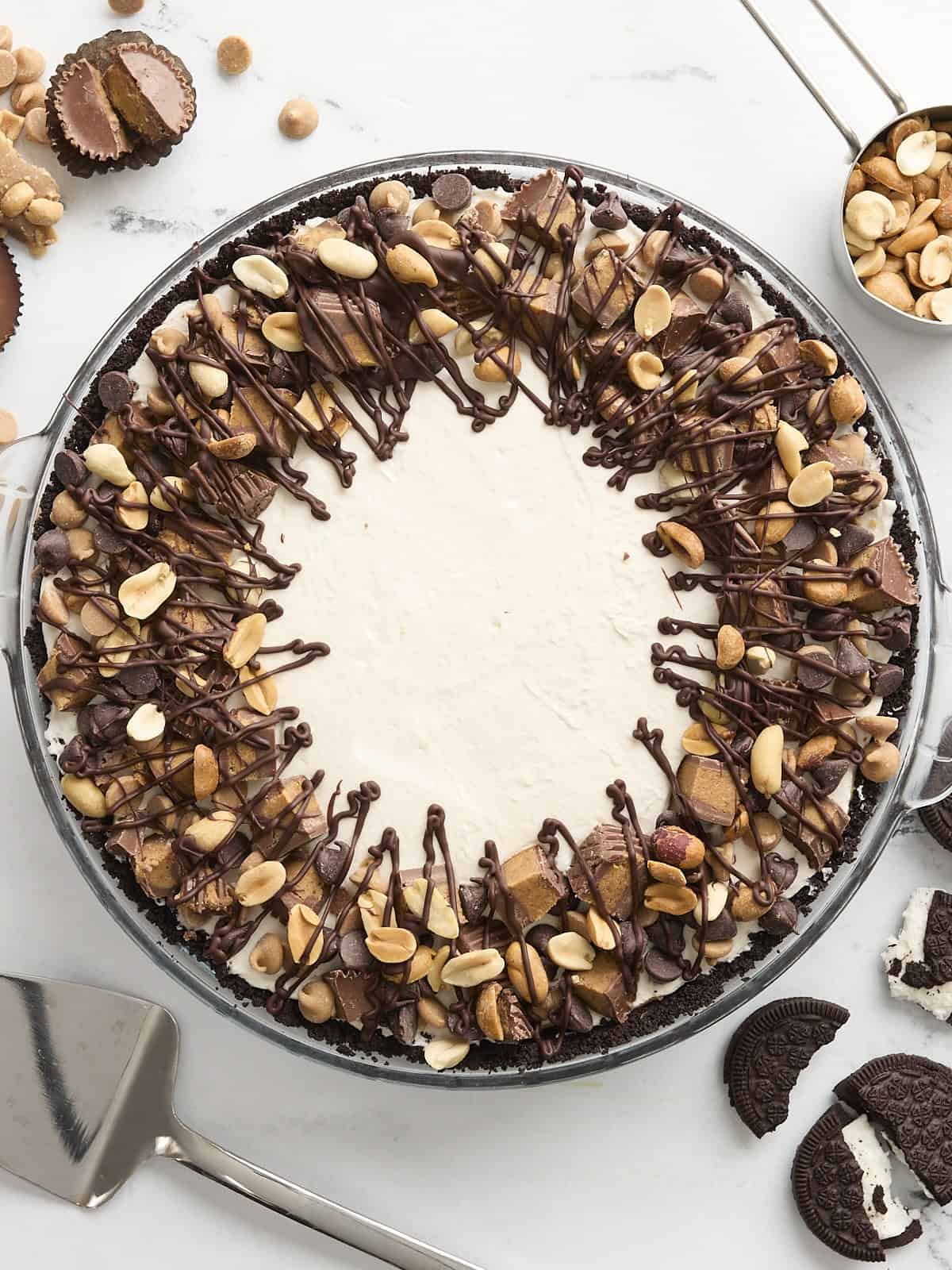 Overhead view of peanut butter pie.