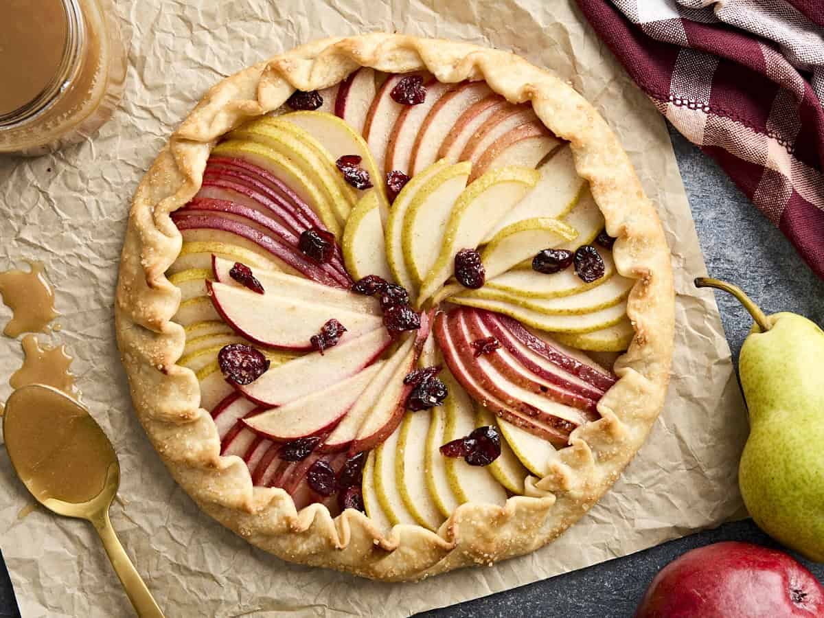 Overhead view of a pear galette.