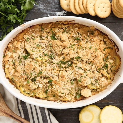 Overhead view of squash casserole in a casserole dish.