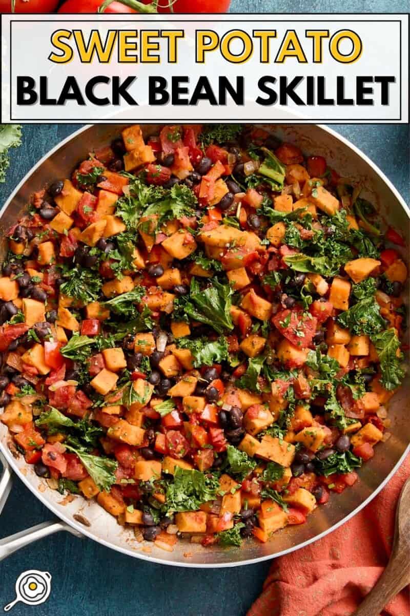 Overhead view of sweet potatoes and black bean skillet with title text at the top.