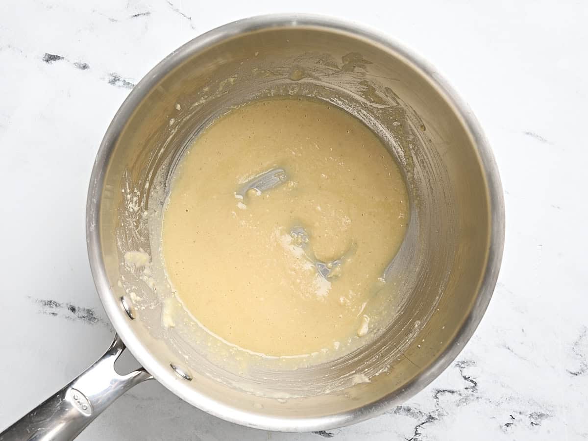 A golden roux in a pan to make turkey gravy.