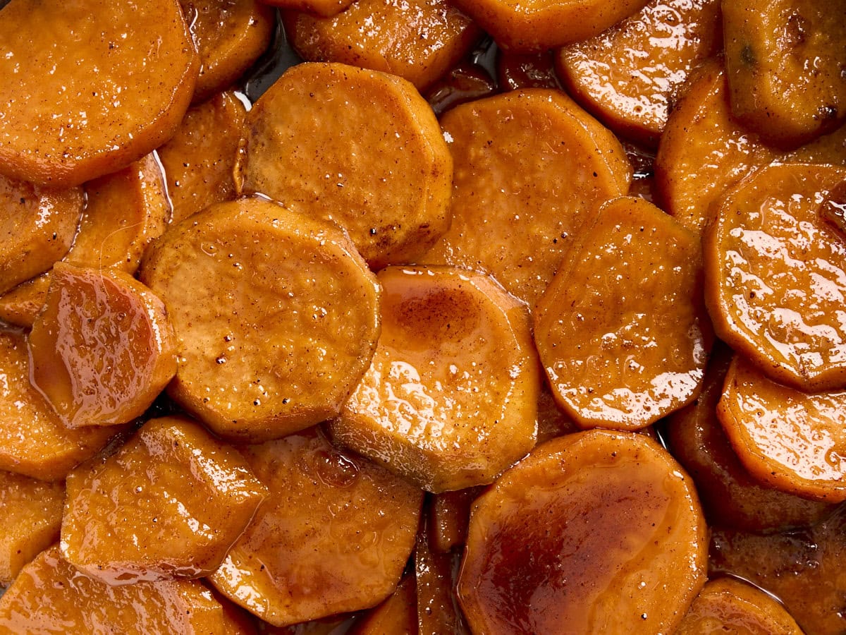 Close up overhead view of candied yams.