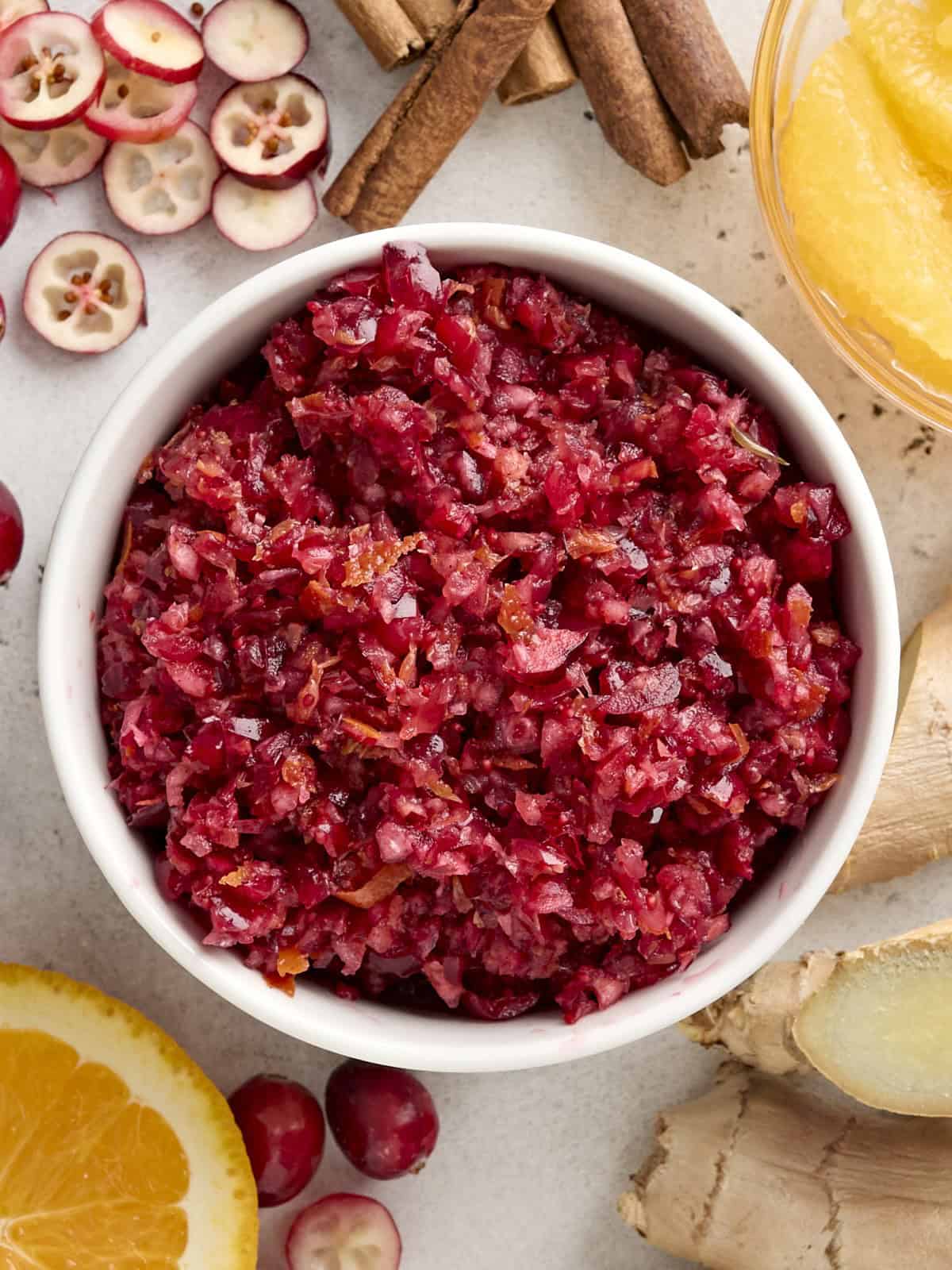 Overhead view of cranberry orange relish in a bowl.