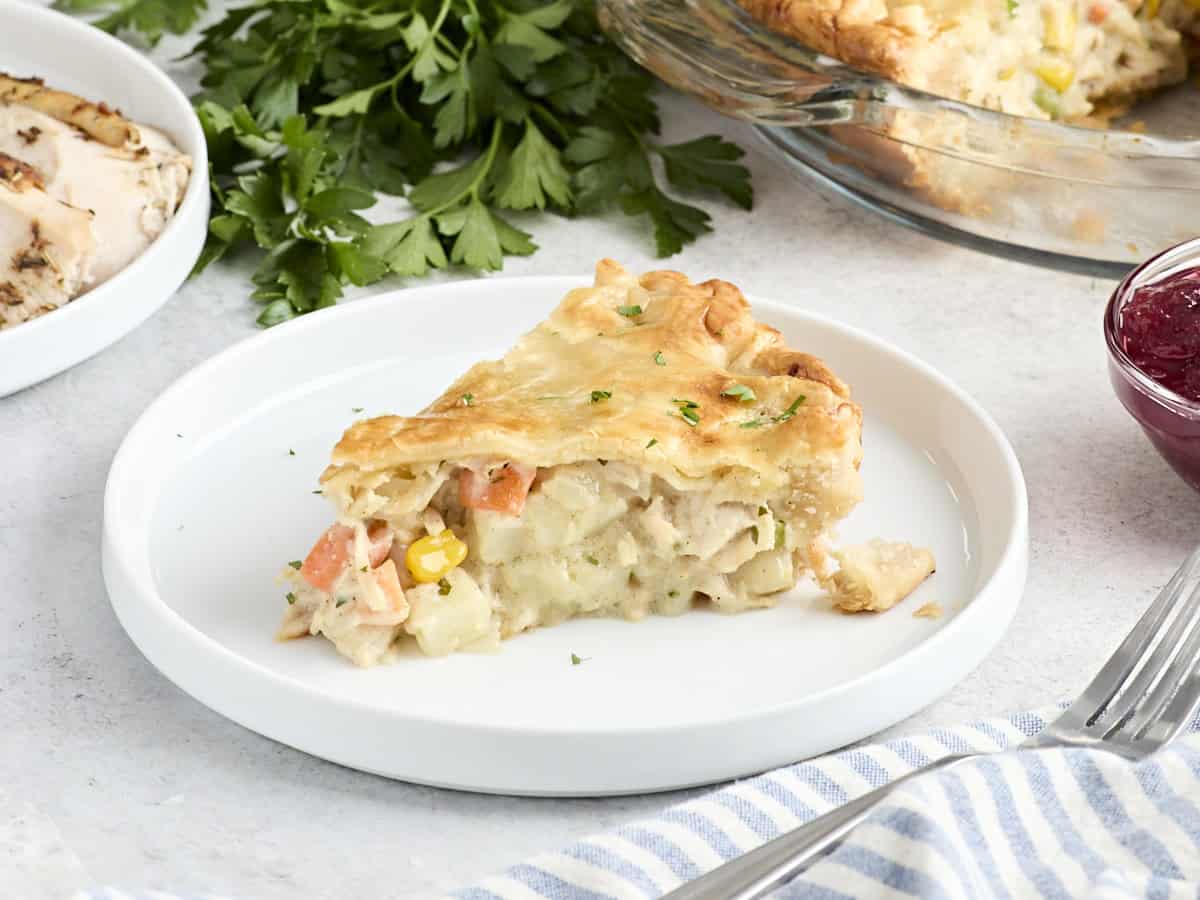 Side view of a slice of turkey pot pie on a plate.