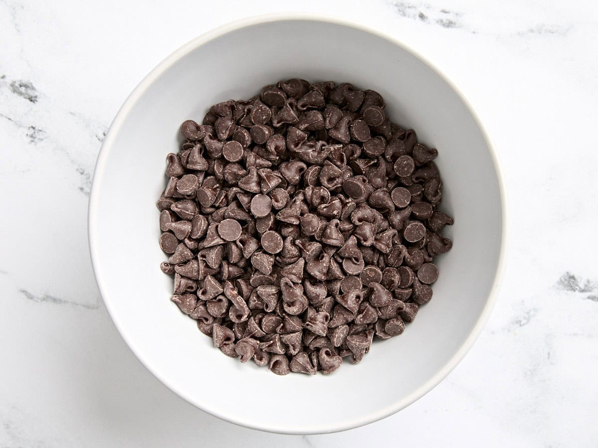 Semi sweet chocolate chips in a bowl.