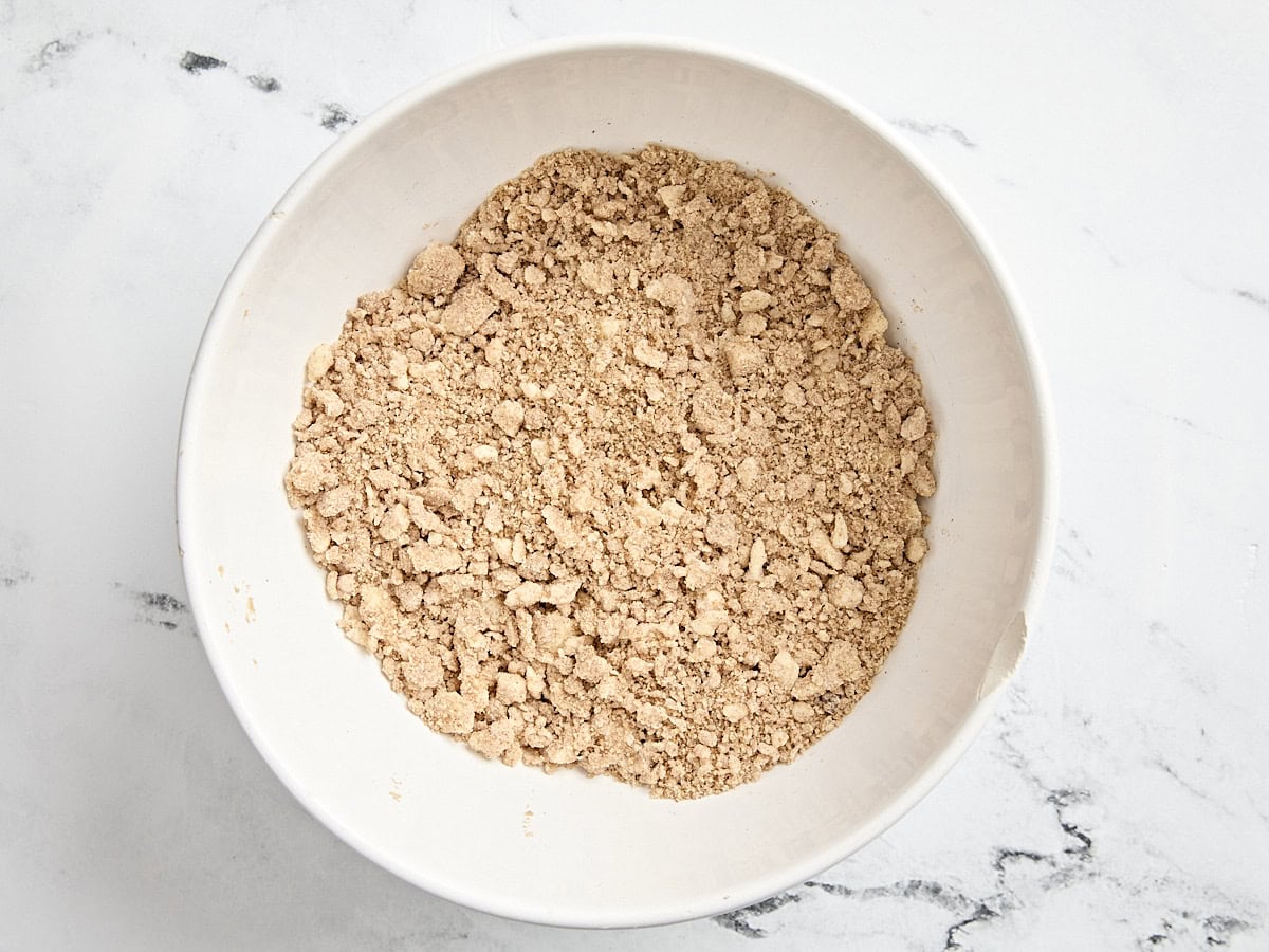 Streusel topping for coffee cake in a mixing bowl.