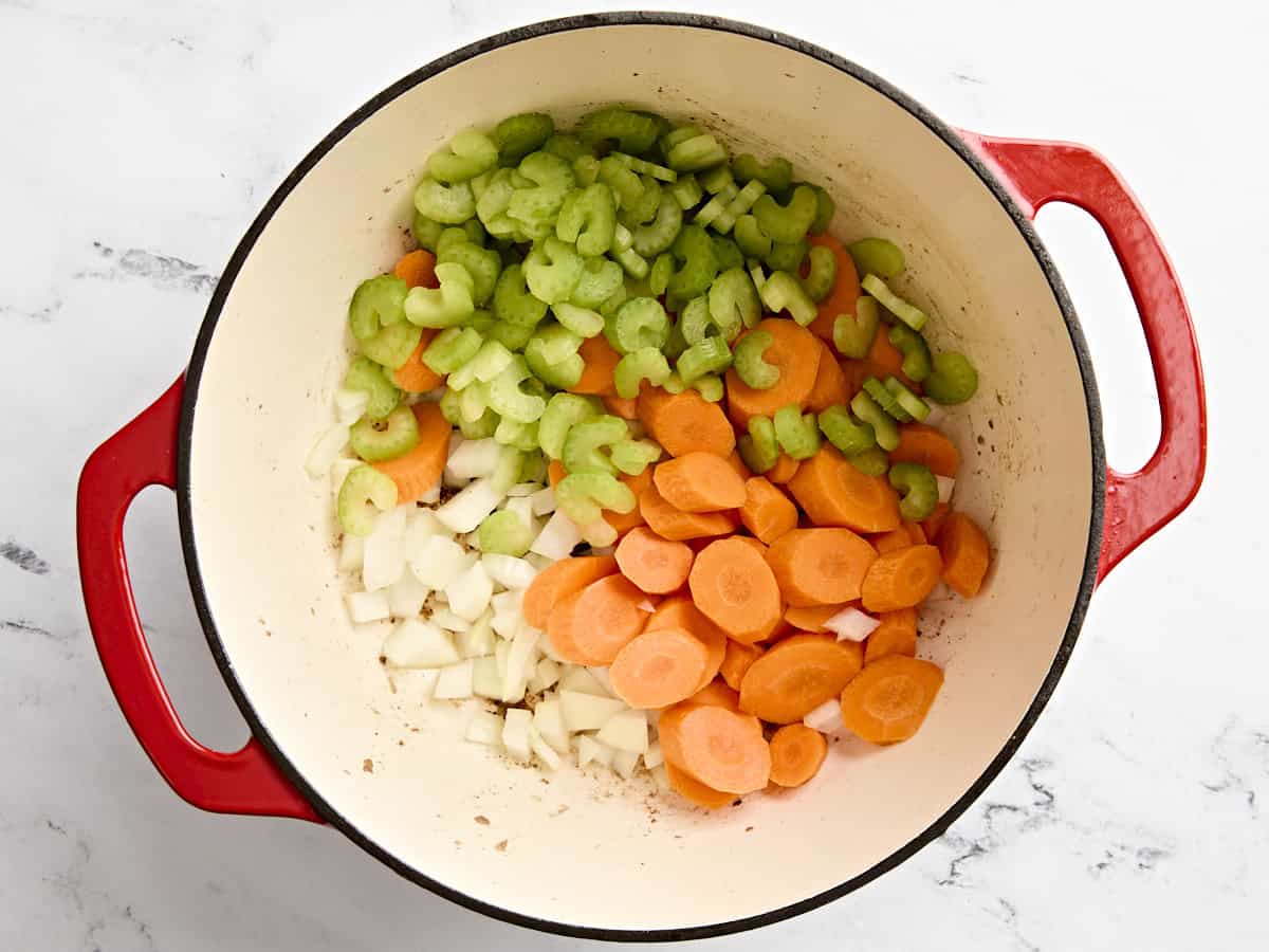 Mire poix being sauteed in a dutch oven.