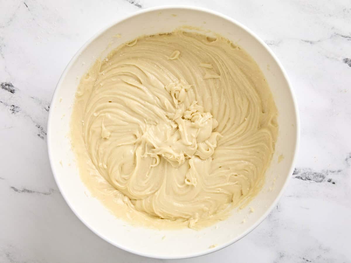 Batter for black and white cookies in a bowl.