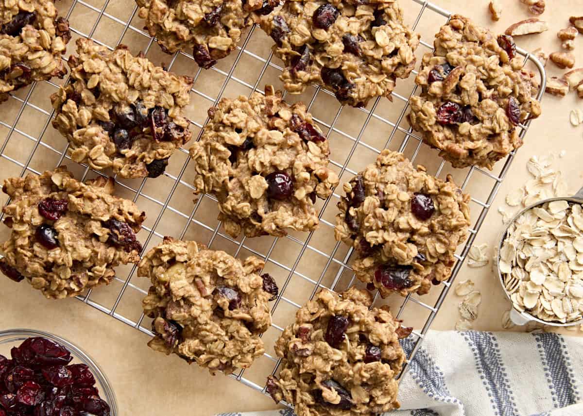 Overhead view of breakfast cookies on a wire rack.