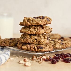 Side view of a stack of breakfast cookies on a plate.