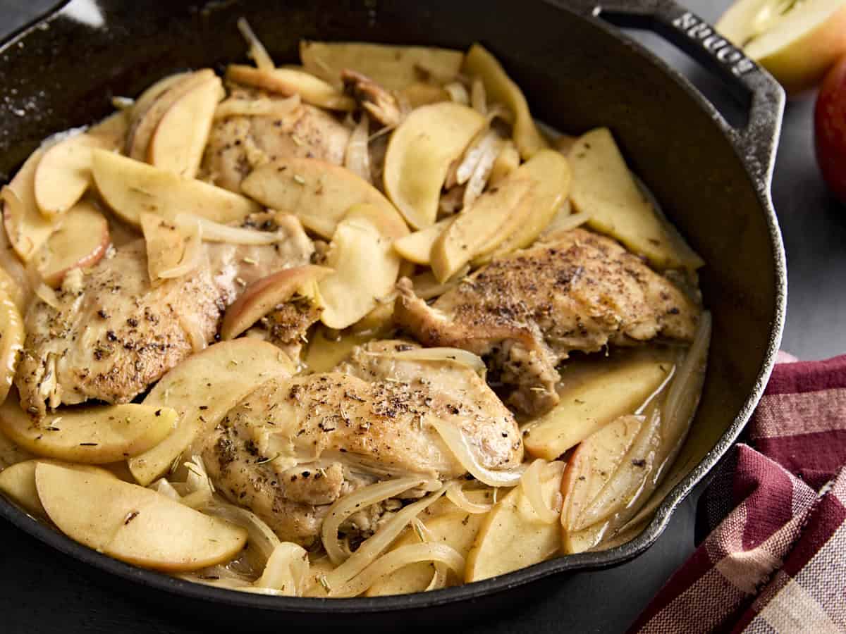 Side view of chicken and apple skillet dinner.