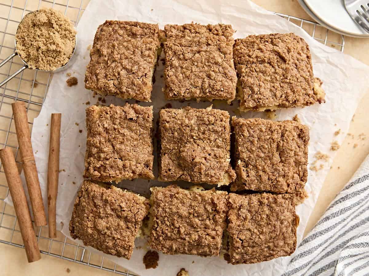 Overhead view of a coffee cake cut into slices.