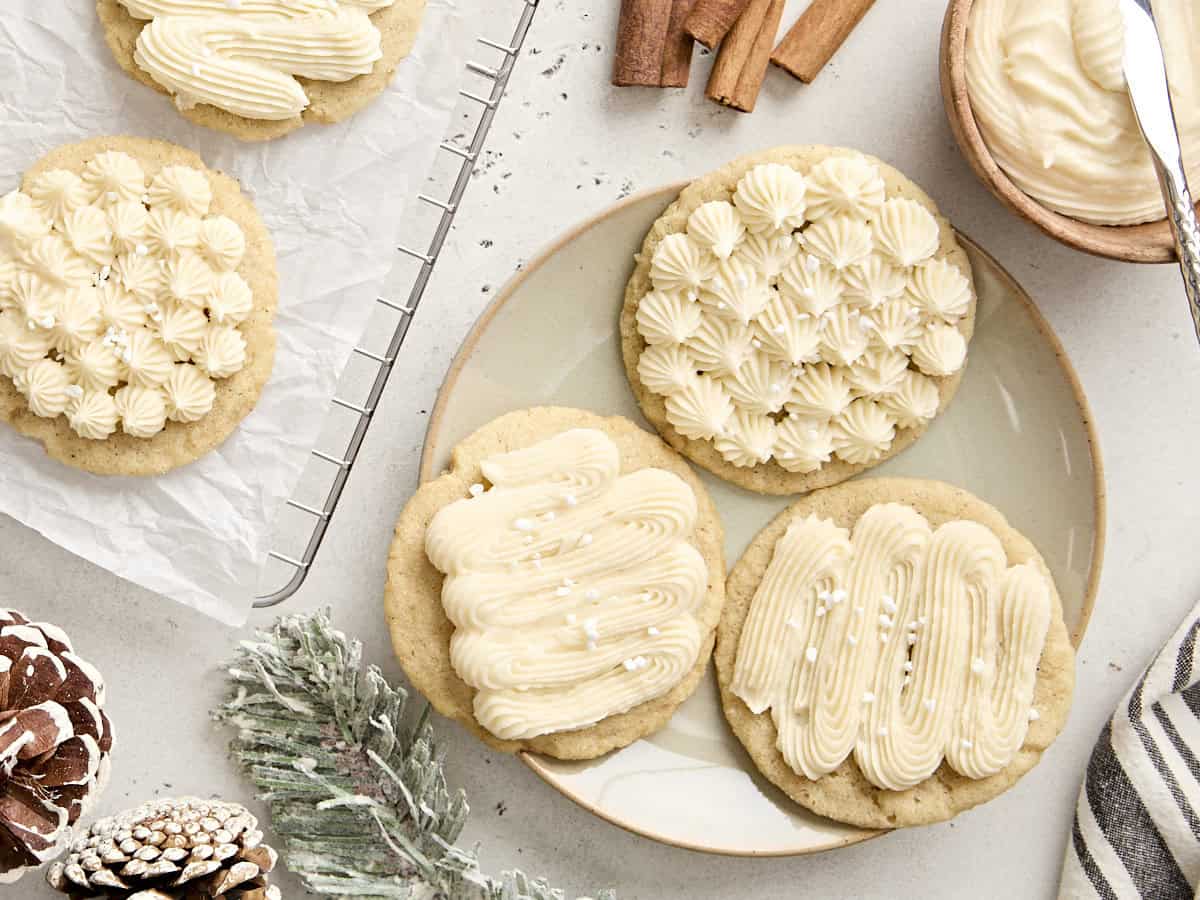 Overhead view of eggnog cookies on a plate.