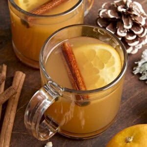 Side view of a mug of hot cider, garnished with a cinnamon stick and slice of orange.