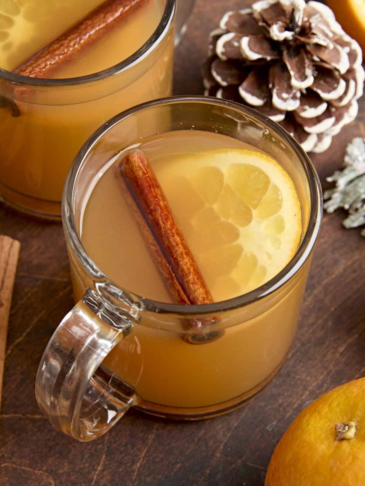 Side view of a mug of hot cider, garnished with a cinnamon stick and slice of orange.