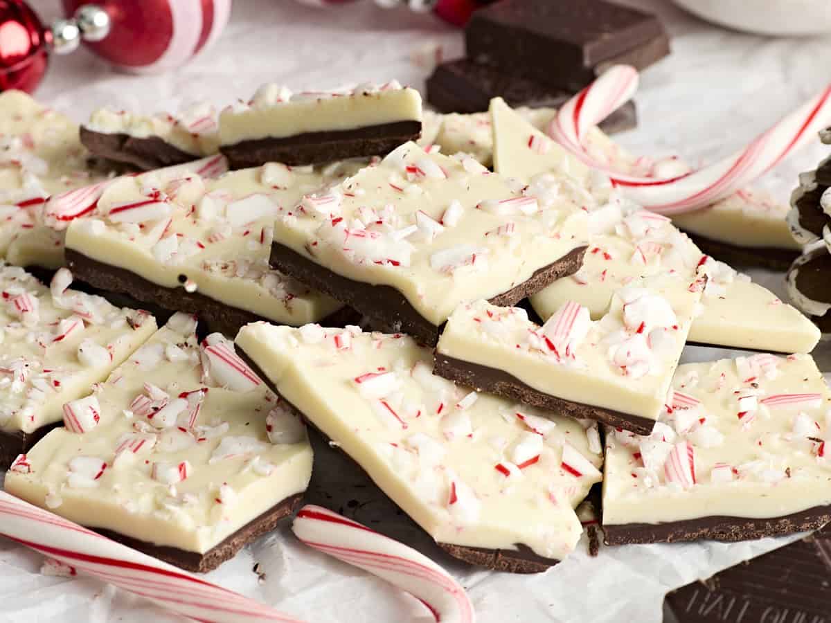 Side view of pieces of peppermint bark.