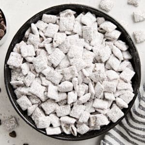 Overhead view of puppy chow in a bowl.