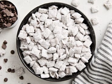 Overhead view of puppy chow in a bowl.