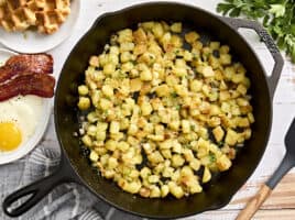 Overhead view of skillet breakfast potatoes.