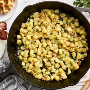 Overhead view of skillet breakfast potatoes.